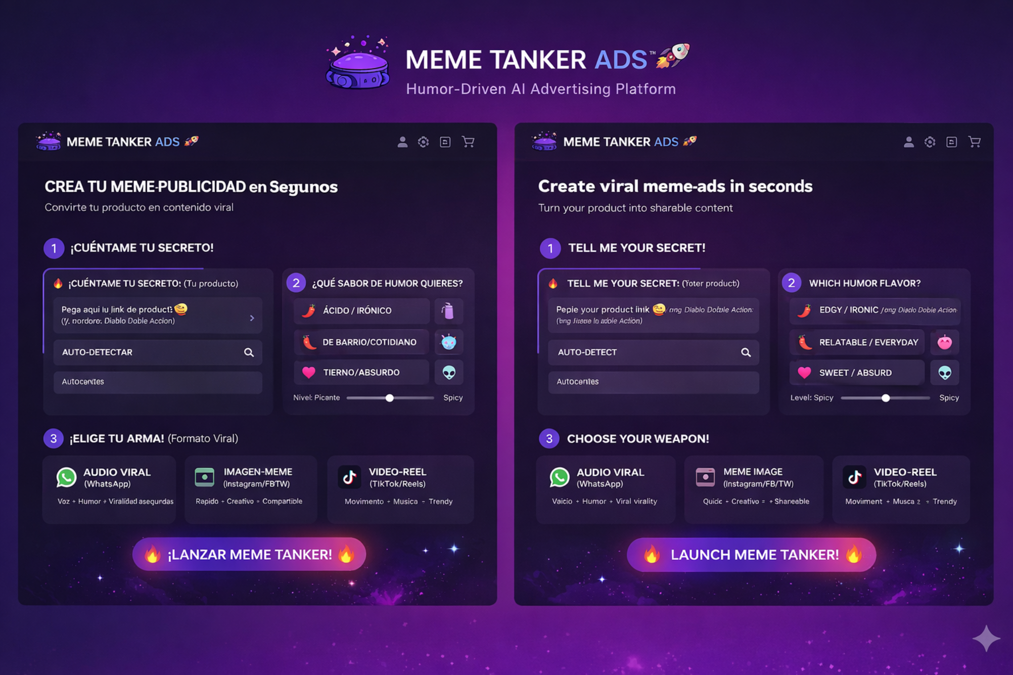 Meme Tanker Ads UI mockup in Spanish and English